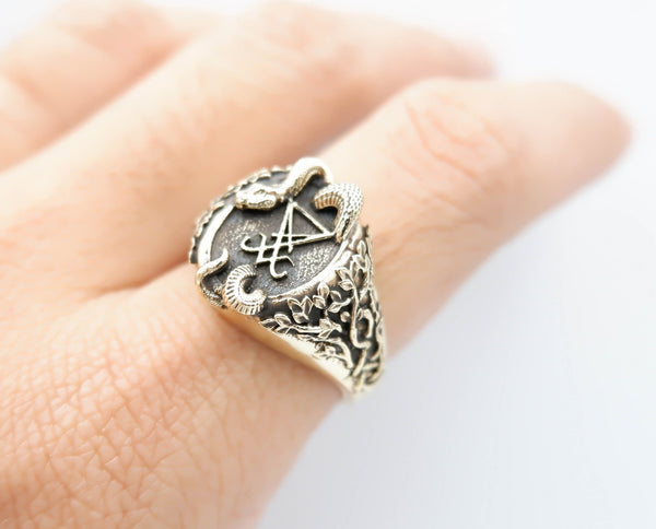 Sigil of Lucifer with Snake Ring Satanic Seal of Satan Brass Jewelry Size 6-15 Br-515