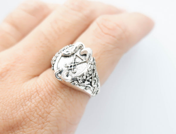 Sigil of Lucifer with Snake Ring Satanic Seal of Satan Jewelry 925 Sterling Silver Size 6-15 R-515