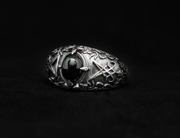 Men Sigil of Lucifer Seal of Satan Devil Demon Ring, Onyx Lucifer Ring 925 Sterling Silver Size 6-15