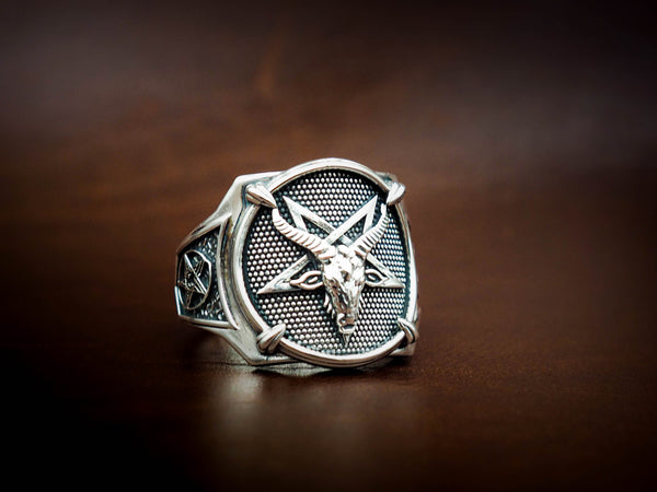 925 Sterling Silver Baphomet Satan Skull Rings Satanic Inverted Cross Demon Devil Ring
