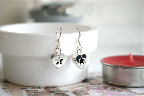 heart earrings - 925 Sterling Silver - Silver  earrings -  Love  earrings Gift Idea Rocker Gothic Woman Jewelry (E-06)