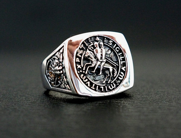 The Seal of Knights Templar Ring, Templar Masonic Ring 925 Sterling Silver Size 6-15