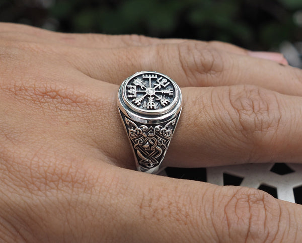 Viking Vegvisir Compass Ring, Norse Viking Ring, 925 Sterling Silver Size 6-15