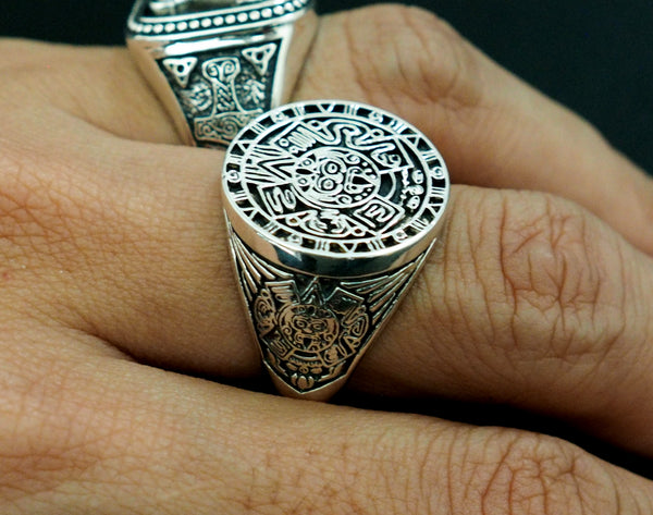 Aztec Calendar Mayan Sun Ring Mexico Men's Ring 925 Sterling Silver Size 6-15