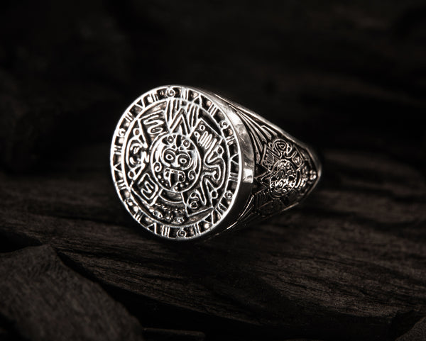 Aztec Calendar Mayan Sun Ring Mexico Men's Ring 925 Sterling Silver Size 6-15