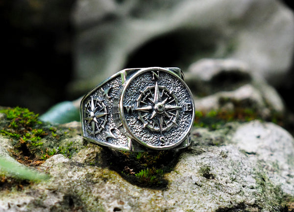 925 Sterling Silver Compass Ring Men Punk Jewelry Biker Band Ring Size 6-15