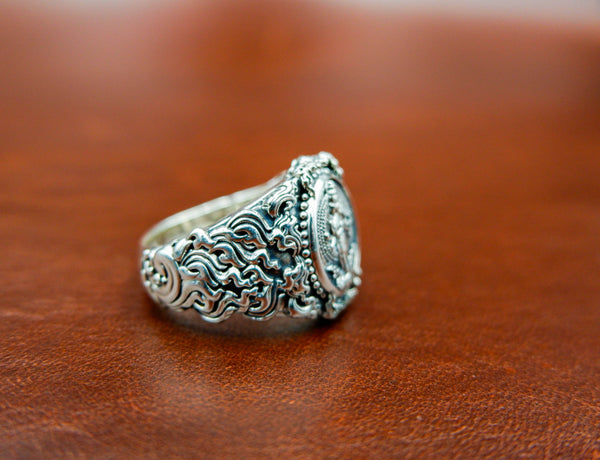 Kuan Yin Ring Chines Guan Yin Buddha Amulet Jewelry 925 Sterling Silver Size 6-15