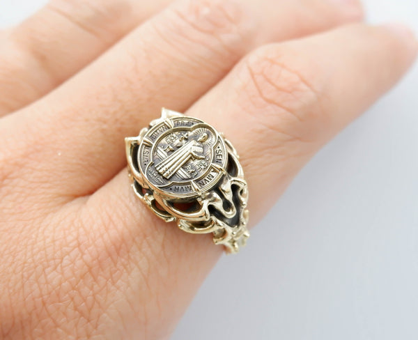 Saint Benedict Ring Women Christian Catholic Cross Brass Jewelry Size 6-15 Br-437