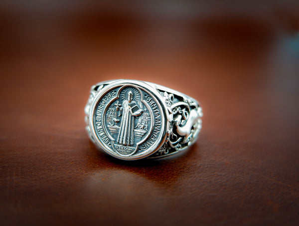 Catholic Saint Benedict Medal Ring Mens Amulet Jewelry 925 Sterling Silver R-400