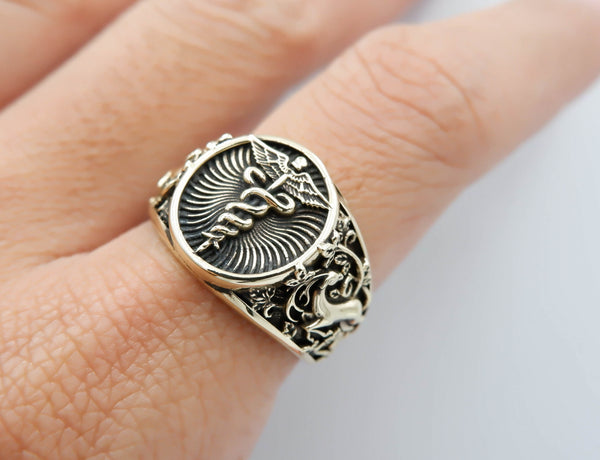 Caduceus Ring for Men Women Medical Emergency Alert Brass Jewelry Size 6-15 Br-366