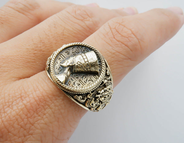 Egyptian Queen Nefertiti Ring for Men Women Egypt Ankh Cross Brass Jewelry Size 6-15 Br-365