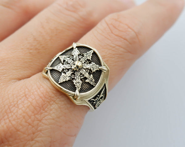Chaos Star Ring with Skull Mens Biker Gothic Brass Jewelry Size 6-15 Br-426