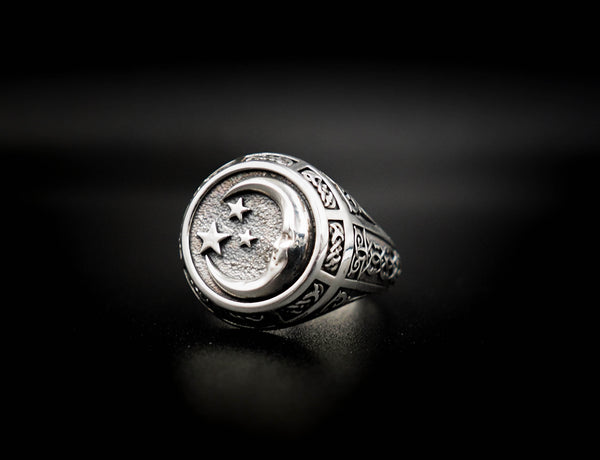 Moon and Stars Ring Celtic Ornament Talisman Boho Men's Women Fashion Jewelry 925 Sterling Silver Size 6-15