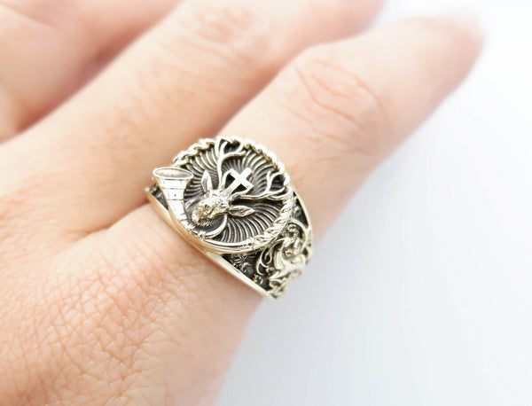 Deer with Cross Ring Christian St. Hubert Medal for Men Women Brass Jewelry Size 6-15 Br-359