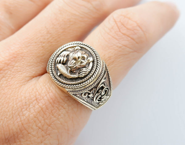 Bear and Fish Ring for Men Animal Brass Jewelry Size 6-15 Br-410