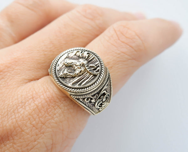 Deer Head Ring for Men Animal Brass Jewelry Size 6-15 Br-412