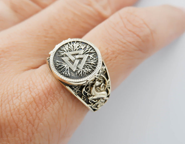 Valknut Ring with Tree of life for Men Women Norse Nordic Viking Brass Jewelry Size 6-15 Br-370