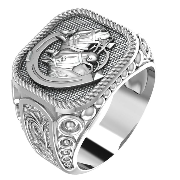 Men's Silver Horse with Horseshoe Ring, Mens Horse Ring Animal Silver Jewelry 925 Sterling Silver Size 6-15