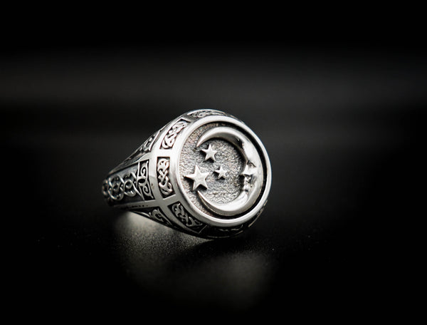 Moon and Stars Ring Celtic Ornament Talisman Boho Men's Women Fashion Jewelry 925 Sterling Silver Size 6-15