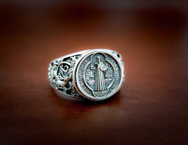 Catholic Saint Benedict Medal Ring Mens Amulet Jewelry 925 Sterling Silver R-400