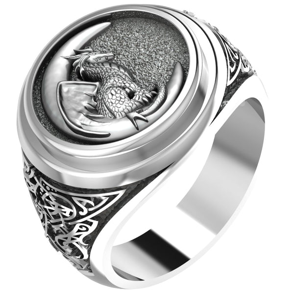 Dragon Ring for Men, Dragon on The Moon Nordic Viking Jewelry 925 Sterling Silver Size 6-15