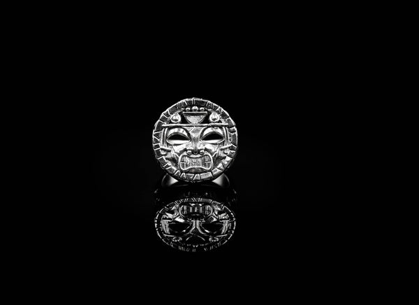 Seal of Mayan Calendar Aztec Inca Tribal Ring 925 Sterling Silver