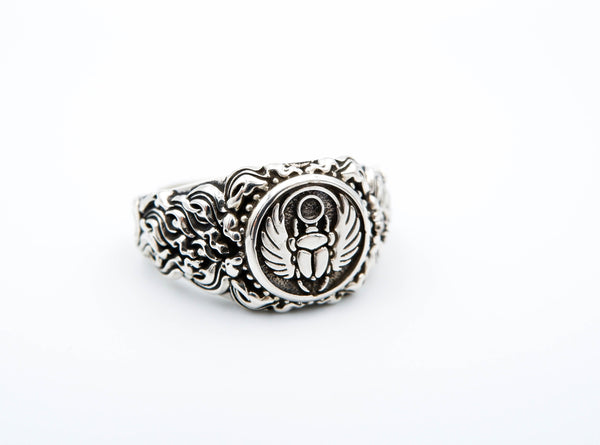Ancient Egyptian Scarab Ring Egyptian Amulet Seal Lucky Jewelry 925 Sterling Silver Size 6-15