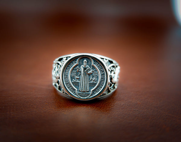 Catholic Saint Benedict Medal Ring Mens Amulet Jewelry 925 Sterling Silver R-400