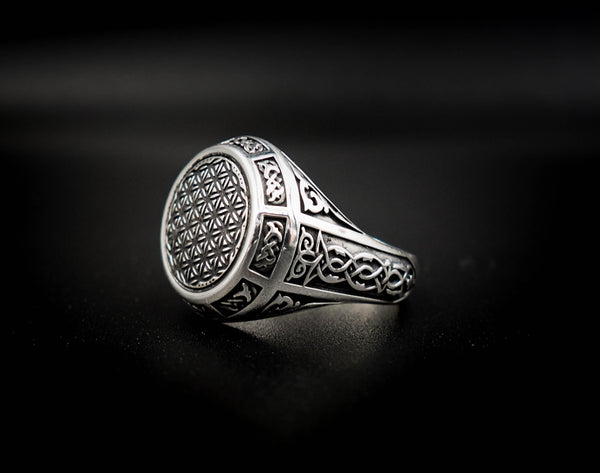 Flower of Life Ring, Tree of Life Celtic Ornament Talisman Boho Men's Women Fashion Jewelry 925 Sterling Silver Size 6-15