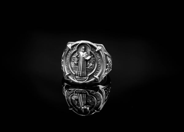 Catholic Saint Benedict Medal Ring Mens Amulet Jewelry 925 Sterling Silver R-400