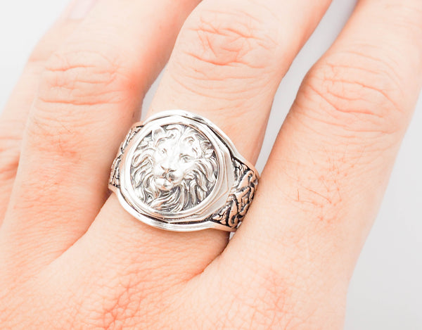 Men's Silver Lion Head Ring, Mens Lion Ring Animal Silver Jewelry 925 Sterling Silver Size 6-15