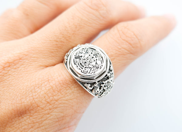 Mayan Calendar Ring Mexican Aztec Amulet Protection Jewelry 925 Sterling Silver Size 6-15