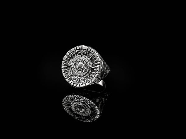 Aztec Mayan Calendar Ring for Men Sun Jewelry 925 Sterling Silver