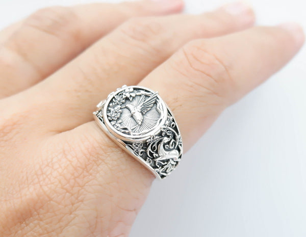 Hummingbird Ring for Men Women Gift for Bird Lover Animal Jewelry 925 Sterling Silver