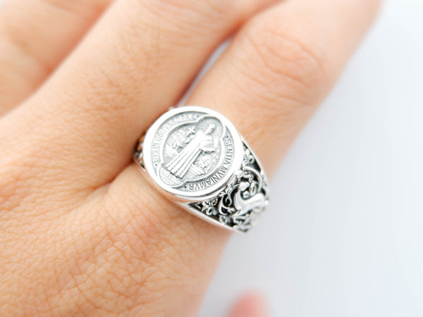 Catholic Saint Benedict Medal Ring Mens Amulet Jewelry 925 Sterling Silver R-400