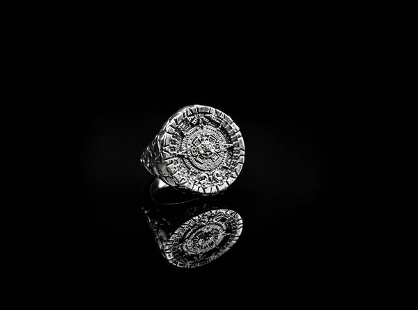 Aztec Mayan Calendar Ring for Men Sun Jewelry 925 Sterling Silver