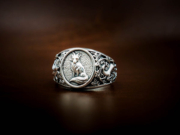 Men's Silver Fox Ring Animal Silver Jewelry 925 Sterling Silver Size 6-15