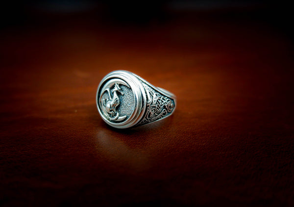 Dragon Ring for Men, Dragon on The Moon Nordic Viking Jewelry 925 Sterling Silver Size 6-15
