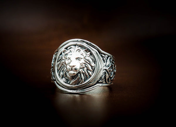 Men's Silver Lion Head Ring, Mens Lion Ring Animal Silver Jewelry 925 Sterling Silver Size 6-15