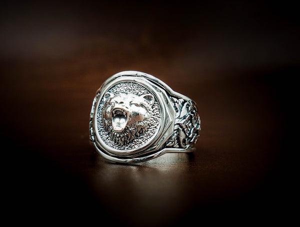 Men's Silver Bear Head Ring, Mens Bear Ring Animal Silver Jewelry 925 Sterling Silver Size 6-15