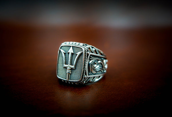 Poseidon Greek God of The Sea Trident Ring Ancient Amulet Jewelry 925 Sterling Silver Size 6-15