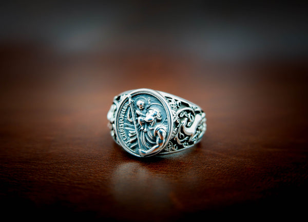 Catholic Signet St Saint Christopher Ring Mens Amulet Jewelry 925 Sterling Silver Size 6-15