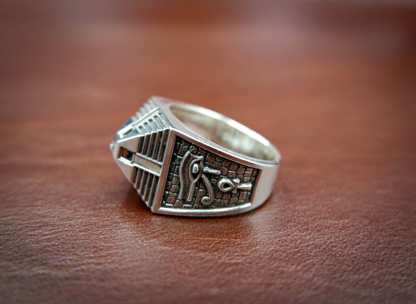 Egypt Pyramid Ring with Eye of Horus and Ankh Cross Jewelry 925 Sterling Silver Size 6-15