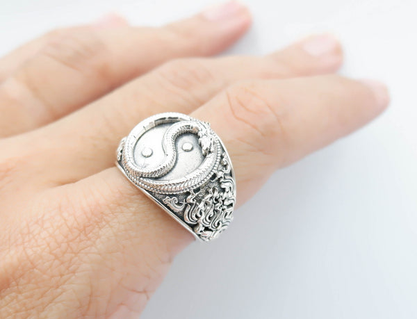 Dragon Yin Yang Ring for Men Women Amulet Animal Jewelry 925 Sterling Silver