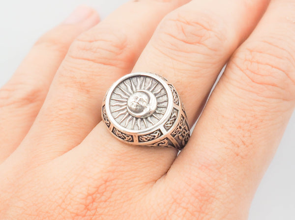 Sun Moon Ring Celtic Ornament Talisman Boho Men's Women Fashion Jewelry 925 Sterling Silver Size 6-15