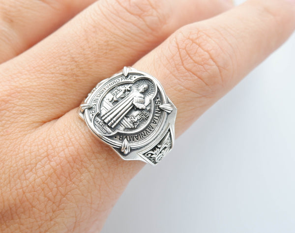 Catholic Saint Benedict Medal Ring Mens Amulet Jewelry 925 Sterling Silver R-400