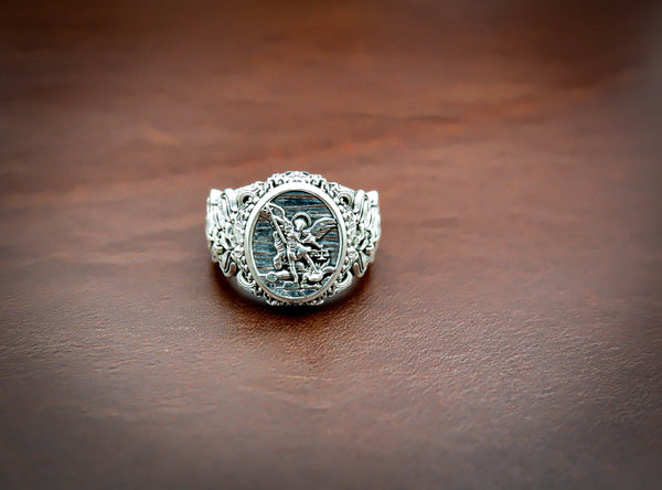 St. Michael The Great Protector Archangel Defeating Satan Ring 925 Sterling Silver
