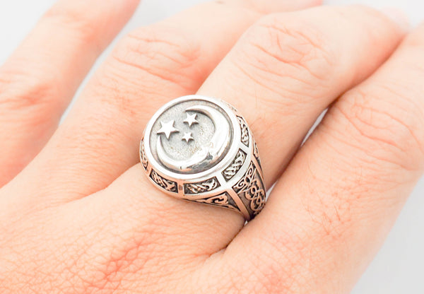 Moon and Stars Ring Celtic Ornament Talisman Boho Men's Women Fashion Jewelry 925 Sterling Silver Size 6-15