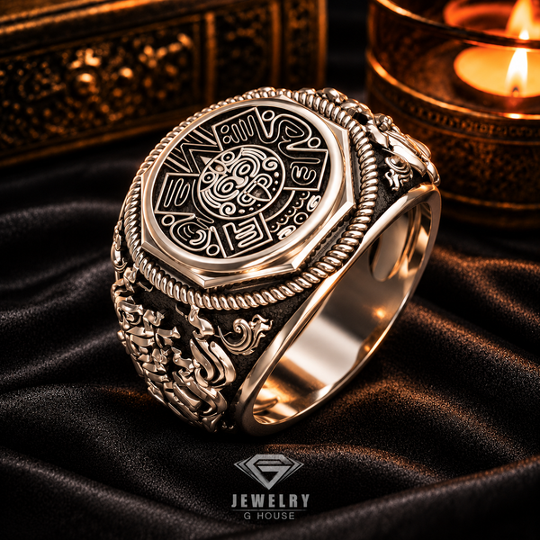 Mayan Calendar Ring Mexican Aztec Amulet Protection Jewelry 925 Sterling Silver Size 6-15