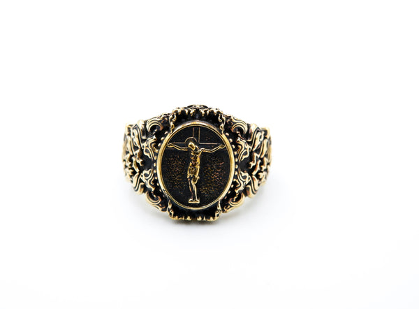 Jesus on the Cross Ring Catholic Protection Christian Brass Jewelry Size 6-15